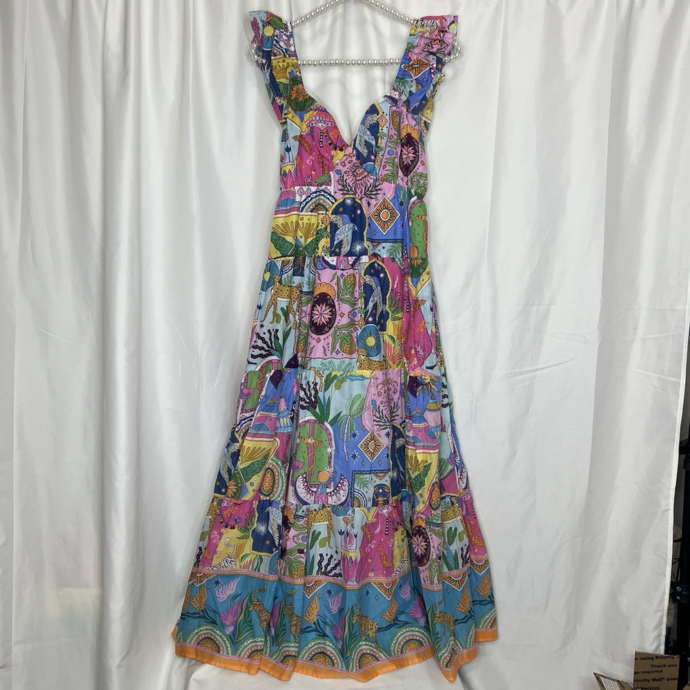 J Marie The Sloane Ruffle Strap Tie Midi Dress Ruffle Sleeve Maxi Cats Birds M - Picture 2 of 12